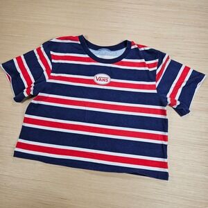 Vans Crop Top Womens L Blue Red Striped Short Sleeve Crew Neck Logo Retro Tee